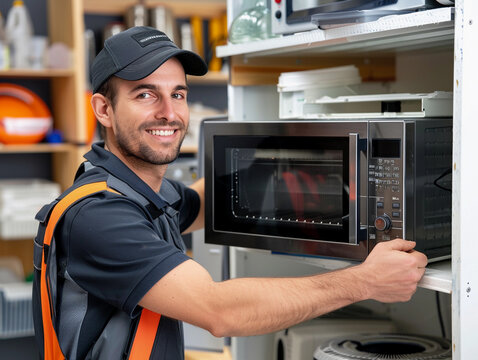 Technician repairing microwave oven